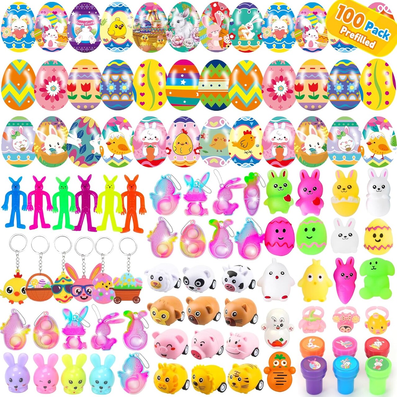100 Pcs Prefilled Easter Eggs with Toys, Filled with Toys Party Favors for Kids Boys Girls Easter Eggs Hunt, Basket Stuffers Fillers